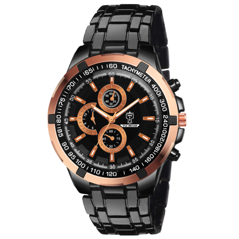 Wild world Lifestyle Black Chronograph Multi dial Analog Quartz Casual Stainless Steel Wrist Watch for Men -Black & Rust Orange