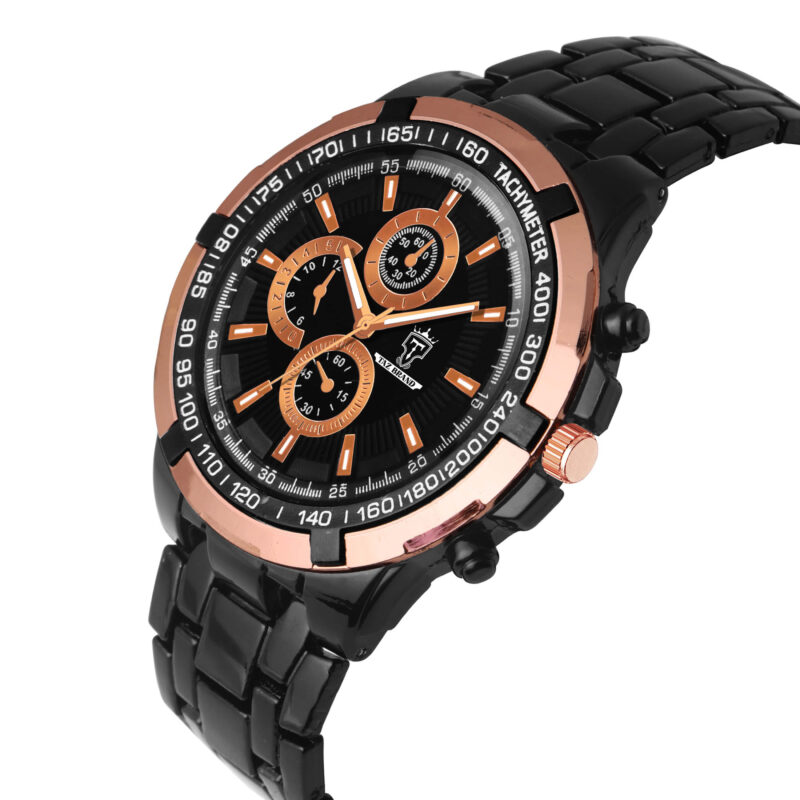 Wild world Lifestyle Black Chronograph Multi dial Analog Quartz Casual Stainless Steel Wrist Watch for Men -Black & Rust Orange - Image 4