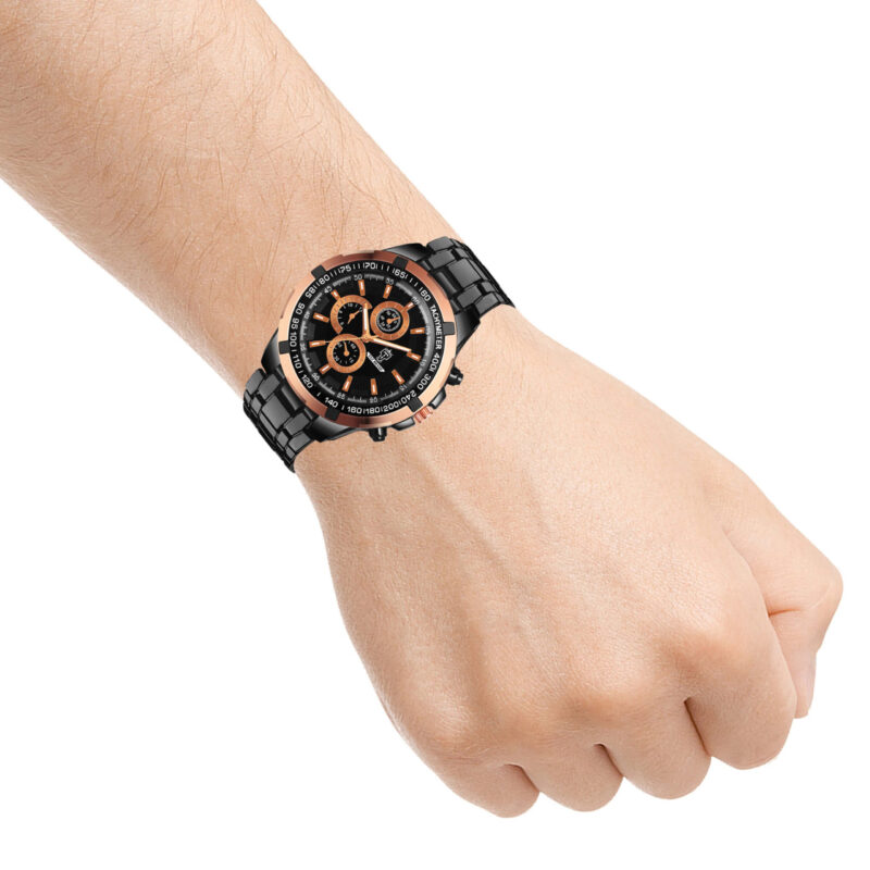 Wild world Lifestyle Black Chronograph Multi dial Analog Quartz Casual Stainless Steel Wrist Watch for Men -Black & Rust Orange - Image 6